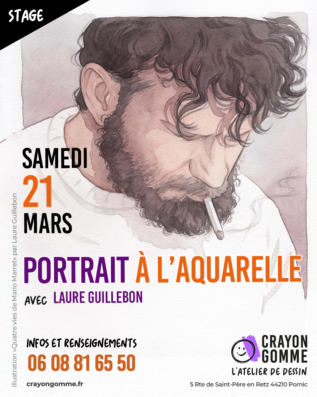 Apprenez le portrait à l’aquarelle lors d’un stage à Pornic avec Crayon Gomme. Tous niveaux, dès 12 ans. Places limitées.