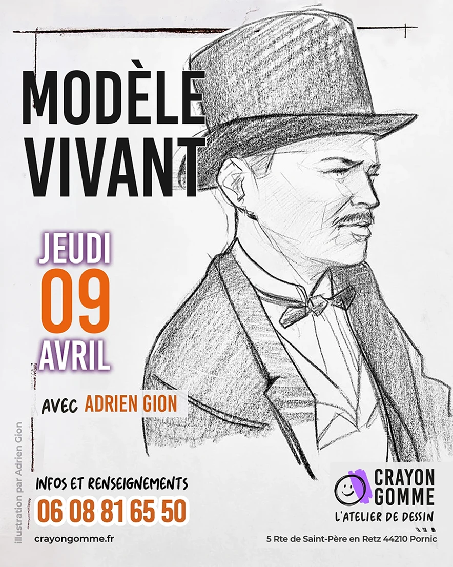 Participez à une séance de modèle vivant à Pornic avec Crayon Gomme. Travail du corps, proportions et observation. Tous niveaux.